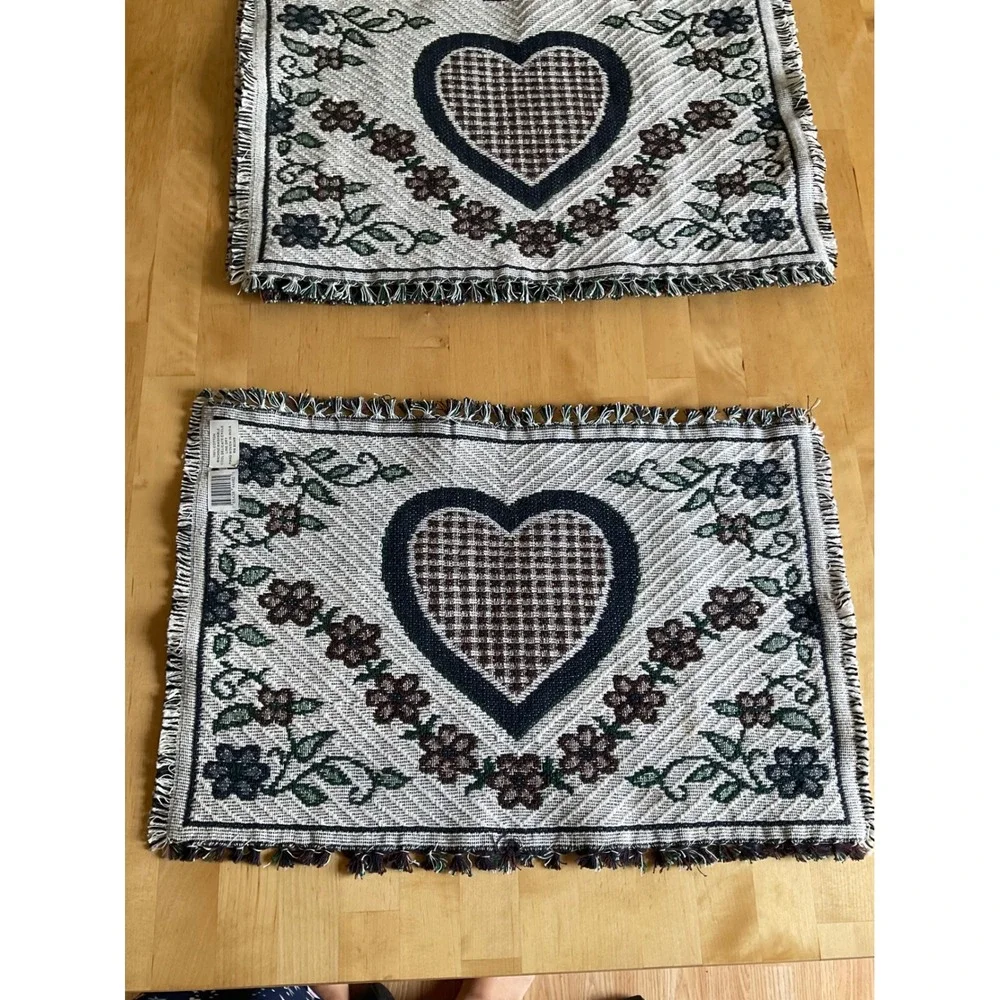 Set of 4 Woven Cotton Heart Floral Placemats Reversible Farmhouse Fringed India